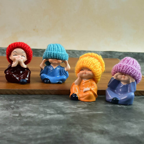 Decorative Resin Monk Buddha Showpiece Set of 4 with Traditional Straw Hats - dailyneed.life