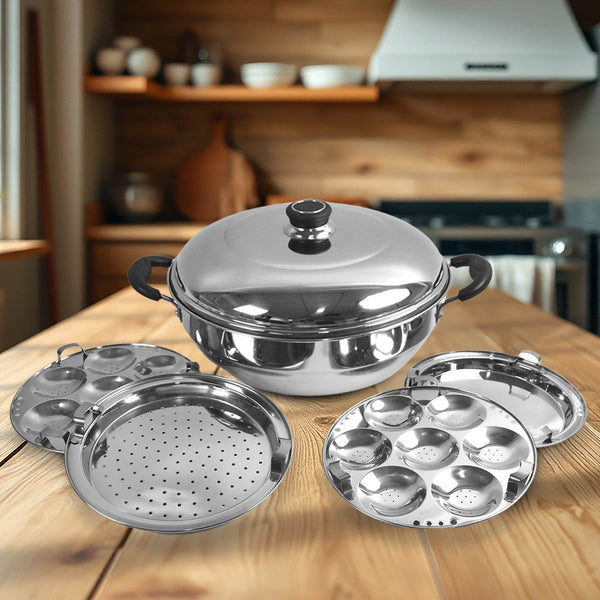 Stainless Steel Multi Kadai with 4 Plates in 1, 2 idli plates, 1 dhokla Plate, 1 Patra Plate, 1 kadai with 1 Lid (6 Pcs Set) - dailyneed.life