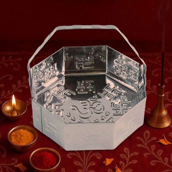 Traditional Stainless Steel Octagon Pooja Basket 1 Pc with Handle - dailyneed.life