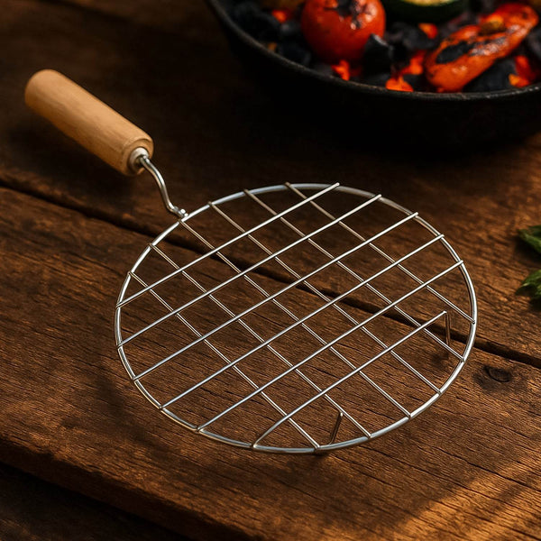 Kitchen Round Stainless Steel Roaster Papad Jali, Barbecue Grill with Wooden Handle - dailyneed.life