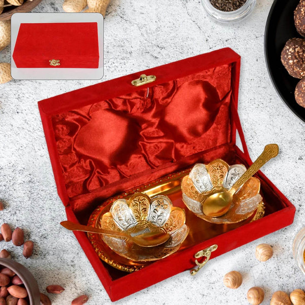 5in1 Gold Silver Plated 2 Bowl 2 Spoon Tray Set Brass with Red Velvet Gift Box Serving Dry Fruits Desserts Gift - dailyneed.life