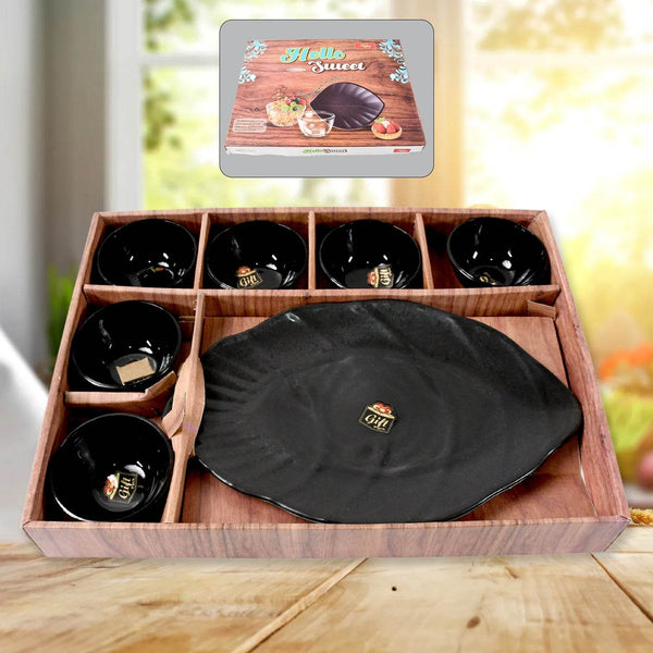 Hello Sweet Round Ceramic Snacks Bowl With Plastic Leaf shape Serving platter Portable, Lightweight Breakfast, Serving Bowl | Ideal for Rice, Pasta, Desserts Home & Kitchen Serving Bowl & platter (7 Pcs set) - dailyneed.life