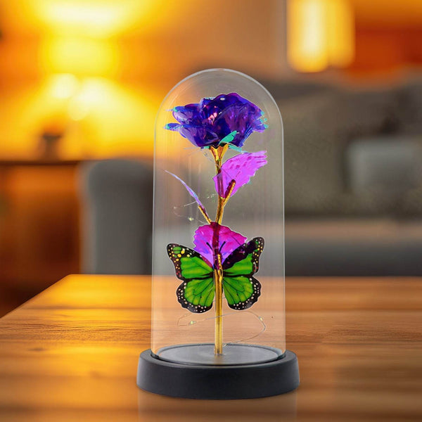 LED Preserved Rose with Colorful Butterfly in Plastic Dome (1 Pc & Mix Color) - dailyneed.life