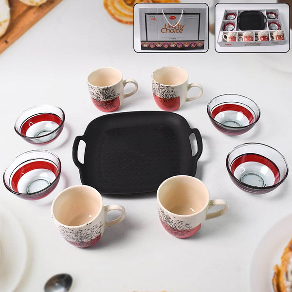 Healthy Choice Set Of 4pc Ceramic Cup And 4pc Glass Bowl With Plastic Plate (9 Pcs Set) - dailyneed.life