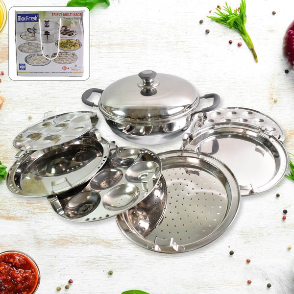 Stainless Steel Triply Multi Kadai idli, dhokla, Patra, Mini idli plates, kadai with Lid (8 Pcs Set / Free Glass Transparent Lid) - dailyneed.life