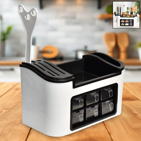Multifunctional Kitchen Storage Organizer Rack with 6 Spice Containers, Knife & Spoon Holder, and Top Shelf - dailyneed.life