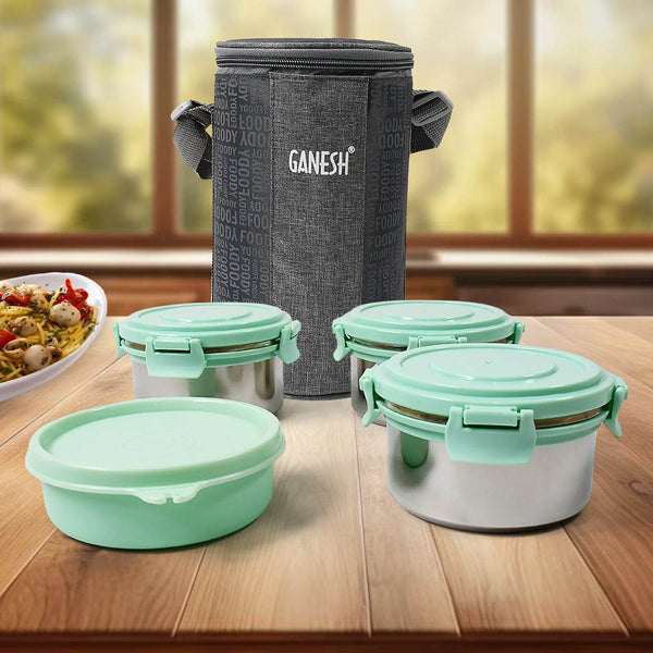 Ganesh 4In1 Tiffin Box-Lunch Box | 3 Stainless Steel Containers 300 Ml Approx & Plastic Salad Container 200 Ml Approx| Plastic lid Box | Round Zip Bag | Leak Proof | Microwave Safe for Office, College and School for Men, Women  - dailyneed.life