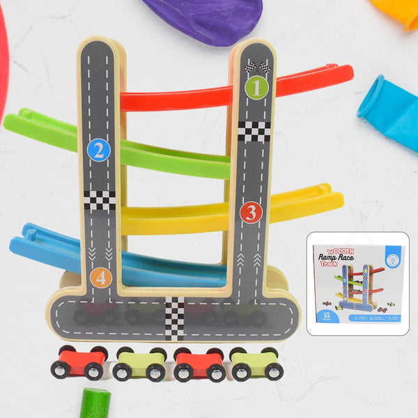 Car Racer Track Play set Wooden Click Clack Toys With 4 Mini Racers (1 Set) - dailyneed.life