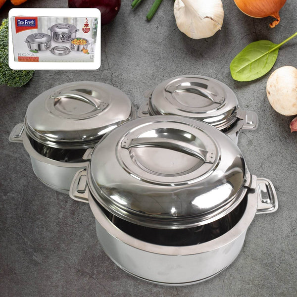 Royal Unique Hot Pot Stainless Steel Insulated Serving Casserole with Lid & Handle (3 pcs Set) - dailyneed.life