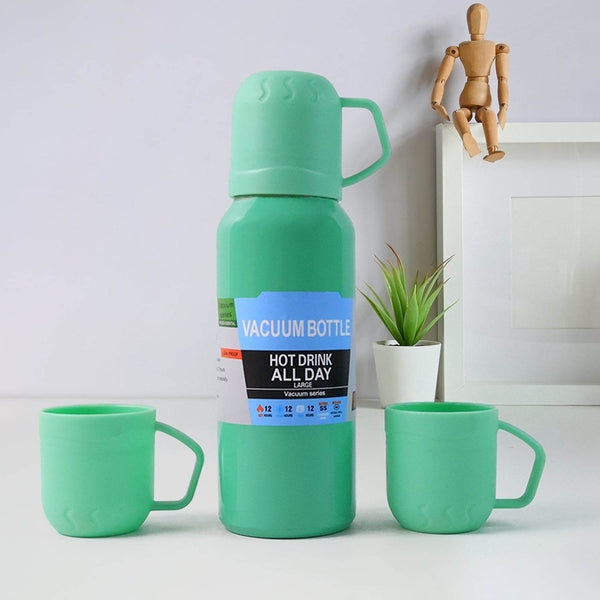 Green Vacuum Flask Set – Stainless Steel Thermos with 3 Cups, Approx 500ml - dailyneed.life