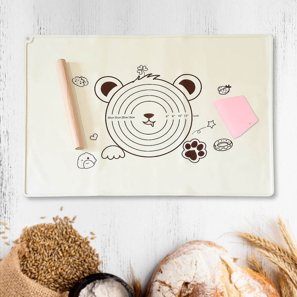 3 In 1 Heavy Silicone Baking Mat With Wooden Belan & Cake Scraper (3 Pcs Set / 70×50 CM) - dailyneed.life