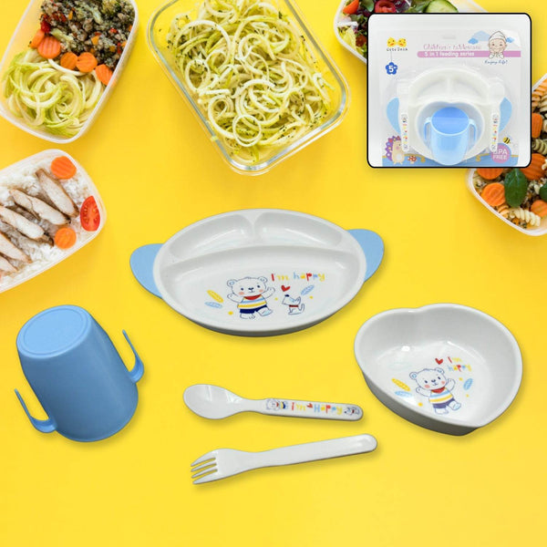 5in1 Baby Feeding Set for Kids and Toddlers,Children Children Dinnerware Set - Feeding Set for Kids, Cartoon Design Plate, Cup, Spoon, Fork Tableware Cutlery for Kids Microwave (5 Pcs Set) - dailyneed.life