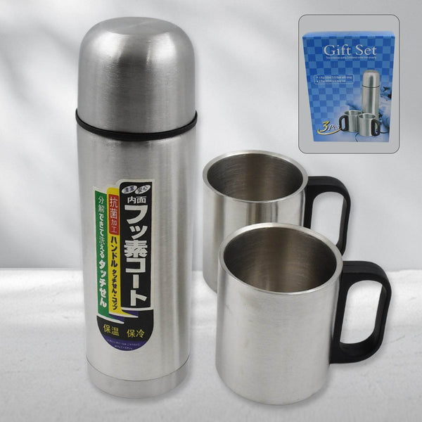 Double Wall Stainless Steel Thermos Flask 500ml Vacuum Insulated Gift Set with Two Cups Hot & Cold, Stainless Steel, Diwali Gifts for Employees, Corporate Gift Item (3 Pcs Set) - dailyneed.life