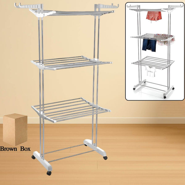 3-Tier Foldable Stainless Steel Cloth Drying Stand with Wheels - dailyneed.life