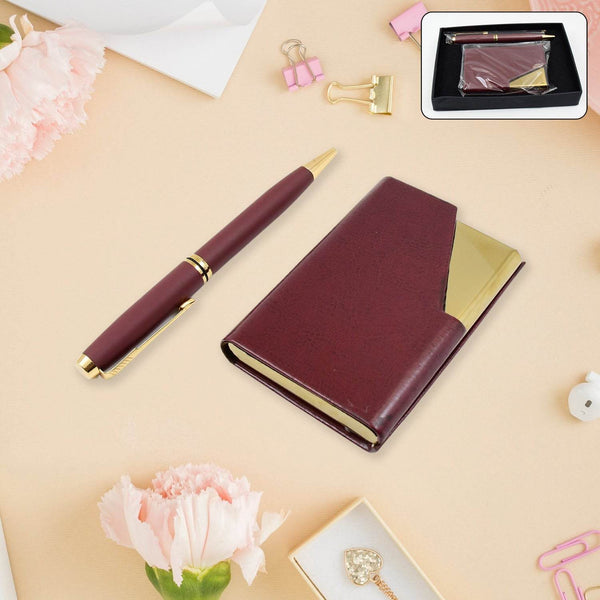 Leather Professional Business Visiting Card Case With Luxury Ballpoint Blue Pens (2 Pc Set / With Gift Box) - dailyneed.life