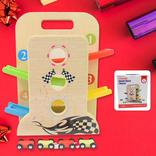 Wooden Ramp Racer Race Track Vehicle Play sets With 4 Mini Racers (with Handle) - dailyneed.life