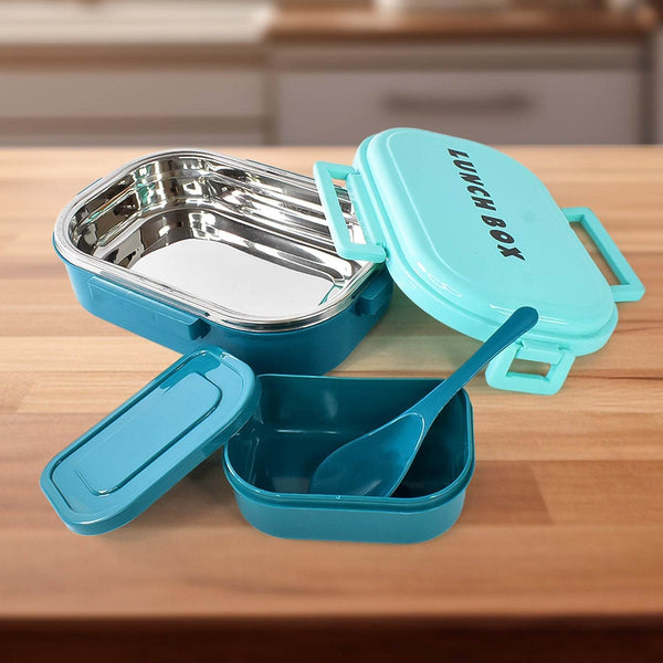 3 in 1 Spicy Bite Stainless Steel Lunch Box With Plastic Small Box & Spoon (1 Set) - dailyneed.life