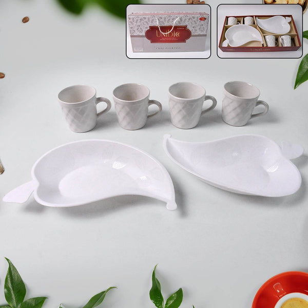 Unibic Ceramic Tea Cups With Plastic Leaf Shape tray / Platter (6 Pcs Set) - dailyneed.life