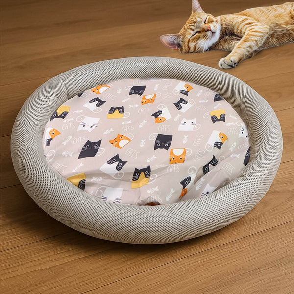 Round Soft Plush Cat Bed with Cartoon Cat Print Cushion 1 Pc - dailyneed.life