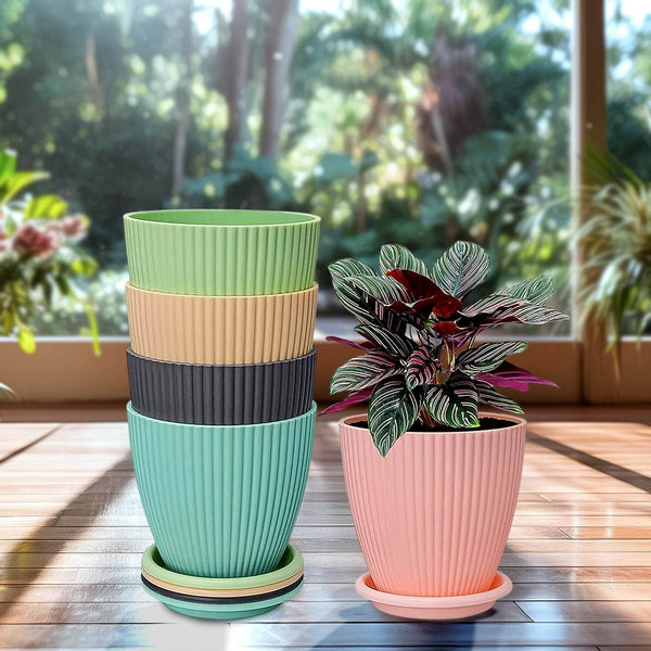Round Flower Pot with Bottom Tray (5 Pcs Set / Small / 14×16 Cm) - dailyneed.life