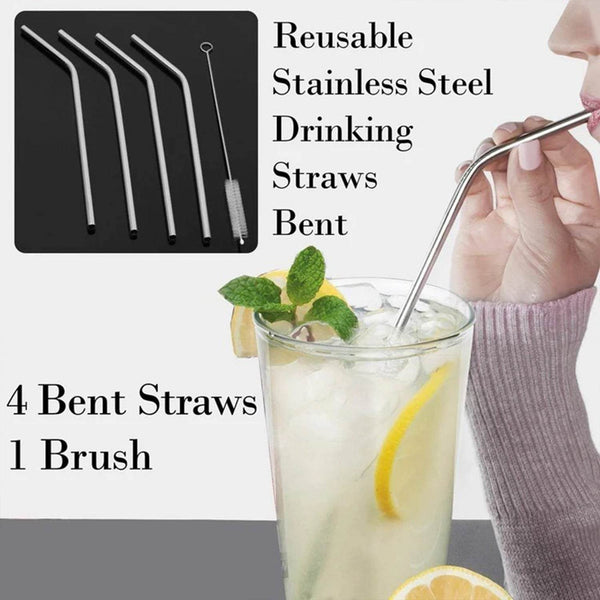 Reusable Stainless Steel Drinking Straws Bent (4 Bent Straws, 1 Brush) - dailyneed.life