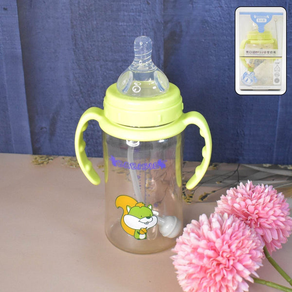 Plastic Baby Feeding Bottle with Handles, Cleaning brush & Straw (300 ML / 1 Pc) - dailyneed.life