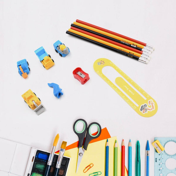 Pencil and Eraser Set, Construction Truck Theme Stationery Kit Includes 6 Pencils, 4 Erasers, 1 Sharpener, 1 Ruler Bookmark, 1 Pencil Cap Stationary For Birthday Gifts for Kids, Birthday Return Gifts (13 Pc set) - dailyneed.life