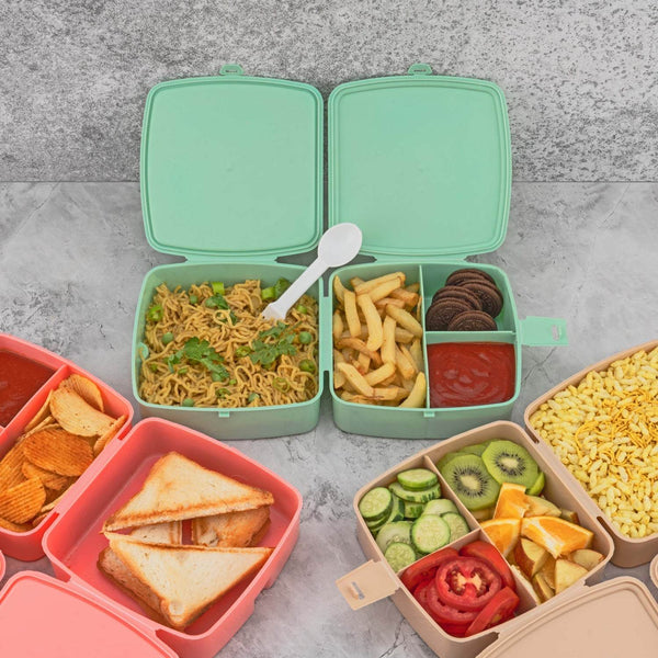 Double-Layer Square Lunch Box with Spoon , 4 Compartment Tiffin & Push Lock , Plastic Tiffin Box for Travelling, School Kids & Office Exclusive, Home - dailyneed.life