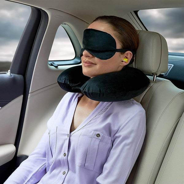 8512 3 in 1 Comfortable Travel Sleeping Kit, Neck Pillow, Eye Mask & Ear Plug Set Inflatable Plane Sleeping Pillow Head Neck Support Pillows for Travel Airplane Office, Black - dailyneed.life