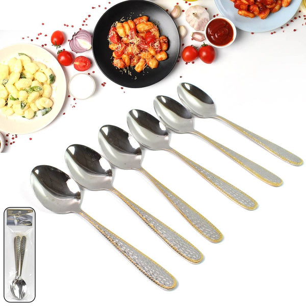 Stainless Steel Gold Bordered Textured Spoons Gold Plated Handle Set of 6 Pc - dailyneed.life