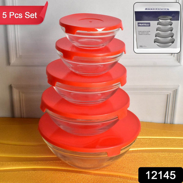 Modern Glass Bowl Set, Mixing / Storage Bowls with Red Lids (5 Pcs Set) - dailyneed.life