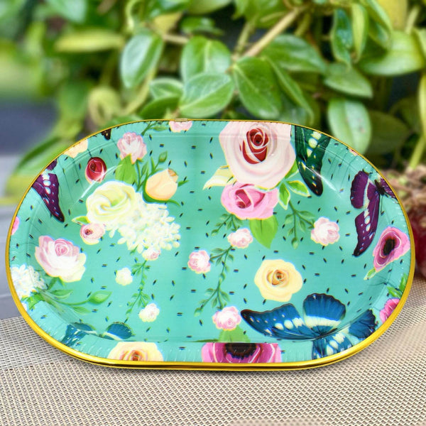 Big Plastic Flower Printed Design Serving Tray (1 Pc / 35 x 24 CM / Mix Color) - dailyneed.life