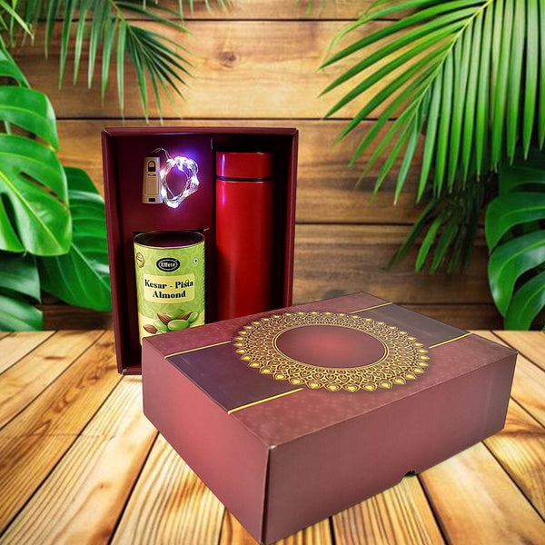 Personalized Temperature Water Bottle, Decorative Light & Kesar Pista Chocolate (With Attractive Multi color Box / 3 Pc Set) - dailyneed.life