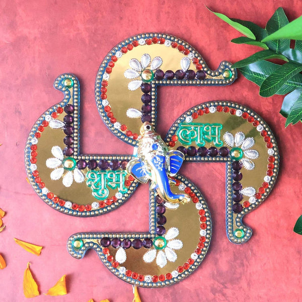 Golden Swastik Shubh Labh Wall Hanging with Ganesh Idol (1 Pc) - dailyneed.life