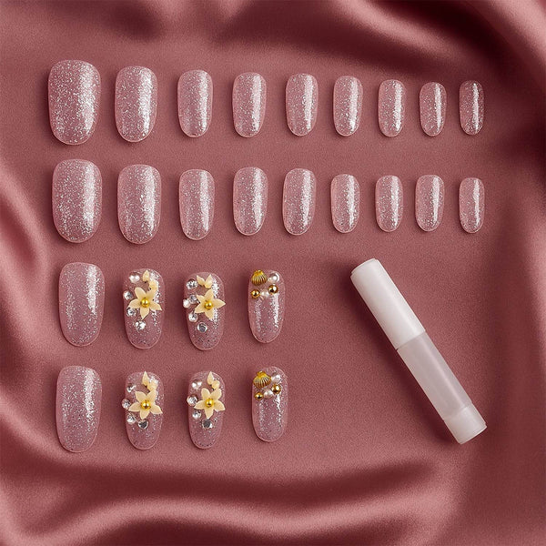 Premium Glitter 3D Floral Press-On Artificial Nail Tips with Nail Glue (1 Set) - dailyneed.life