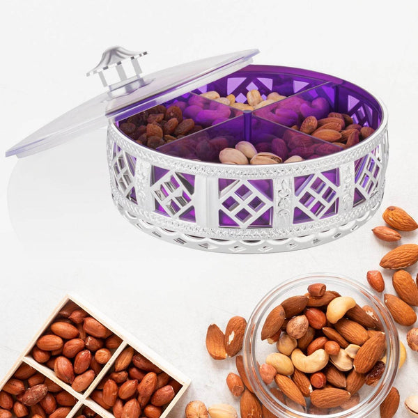 Multipurpose Dry Fruit Box 4 Section Dry Fruit Round Silver Gift Box (1 Pc) - dailyneed.life
