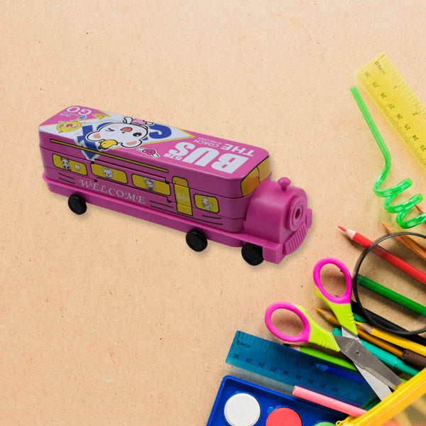 Double Decker Metal Bus Compass Case – 2-Layer with Movable Wheels & Sharpener for Kids - dailyneed.life