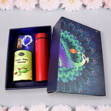 Personalized Temperature Water Bottle, Decorative Light & Kesar-Pista Almond Chocolate (With Attractive Peacock Box / 3 Pc Set) - dailyneed.life