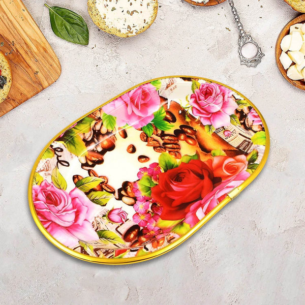 Small Plastic Flower Printed Design Serving Tray (1 Pc / 27 x 18 CM / Mix Color) - dailyneed.life