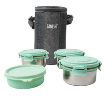 Ganesh 4In1 Tiffin Box-Lunch Box | 3 Stainless Steel Containers 300 Ml Approx & Plastic Salad Container 200 Ml Approx| Plastic lid Box | Round Zip Bag | Leak Proof | Microwave Safe for Office, College and School for Men, Women  - dailyneed.life