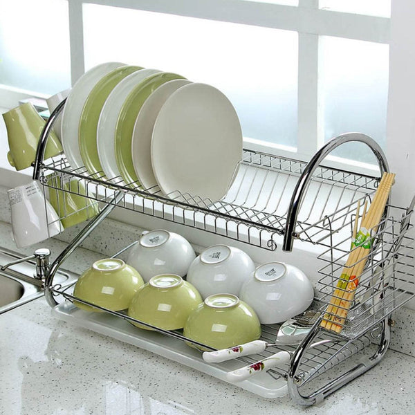 Stainless Steel 2 Layer Kitchen Dish Rack / Plate Cutlery Stand - dailyneed.life