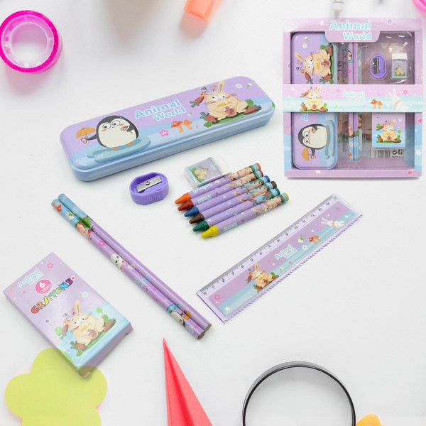 Stationery Kit for Kids - Metal Pencil Box, Sharpener, Pencil & Eraser (12 Pc Set) - dailyneed.life