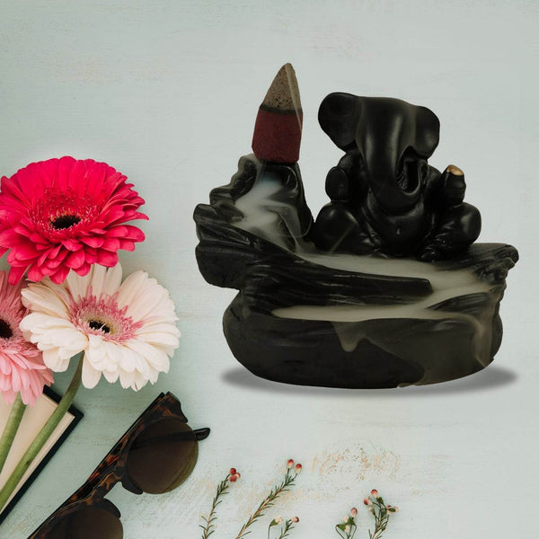 Smoke Fountain Ganesha Idol Decoration Items with 8 Pc Backflow Incense Cones Sticks (1 pc) - dailyneed.life