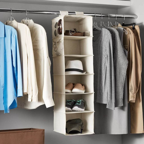 6 Shelf Hanging Closet Organizer, Space Saver, Sweater & Clothing Shelves, Breathable Material Keeps Away Dust & Odors, - dailyneed.life
