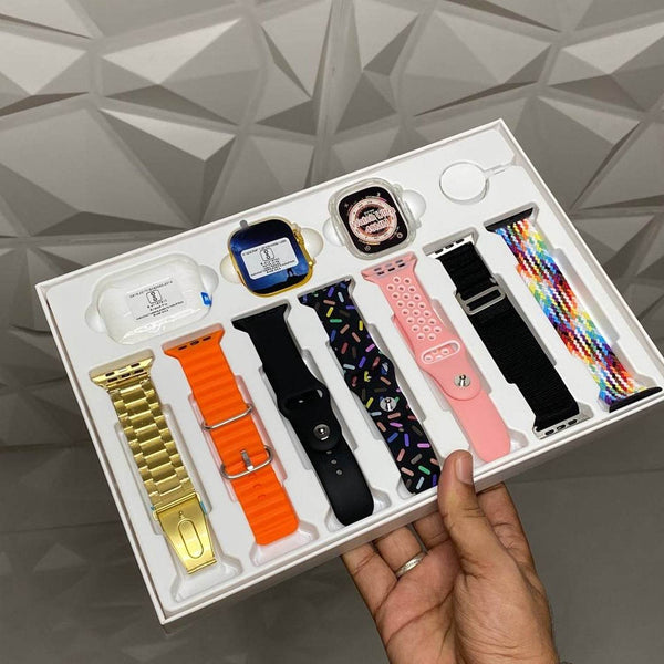 10 in 1 Set Ultra 2 Smart Bluetooth Calling Smart watch + Earphones with Transparent Screen Guard Watch with Seven Classic Straps (Mix Color) - dailyneed.life