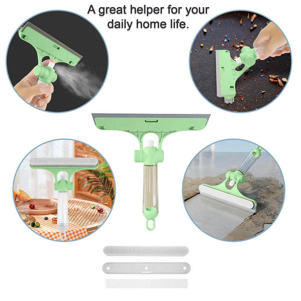 4 in 1 Multifunctional Glass Scraper, Window Glass Wiper with Watering Can, Silicon Cleaning Squeegee with Two Brush Heads, Practical Squeegee for Shower Doors, Windows, Tiles and Car Glass - dailyneed.life