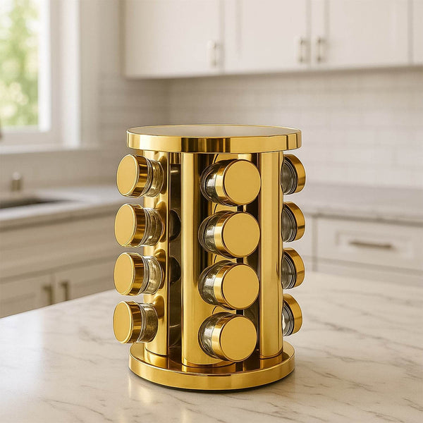 LED Spice Rack Organizer, Rotating Spice Rack with Free 16 Seasoning Jars, Revolving Tower Organizer Stainless Steel for Kitchen Storage (Golden / 16 Pc / MOQ - 6 pc) - dailyneed.life