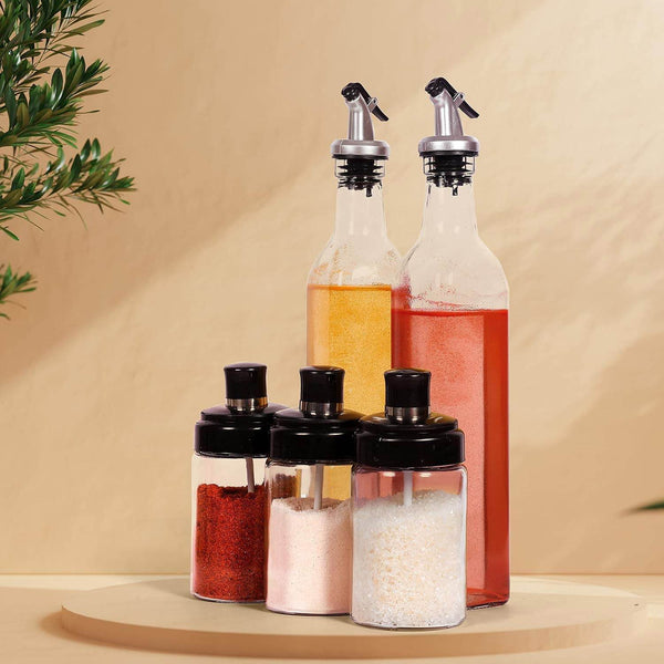 Transparent Glass Oil Dispenser 500 ML Bottle Set of 2, Spice Jar 250 ML Set of 3, Oil Bottle for Kitchen, Oil & Vinegar Storage Glass Bottle, Glass Container for Spice, Masala (5 Pcs Set) - dailyneed.life