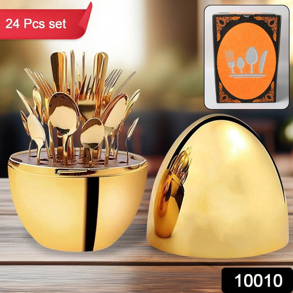 Premium Cutlery Set 24 Pcs with Oval Shaped Stand | Beautiful Stylish Oval Designed Cutlery Sets, Egg-Shaped Luxury Spoon Holder Set  (Golden / 24 pcs set) - dailyneed.life