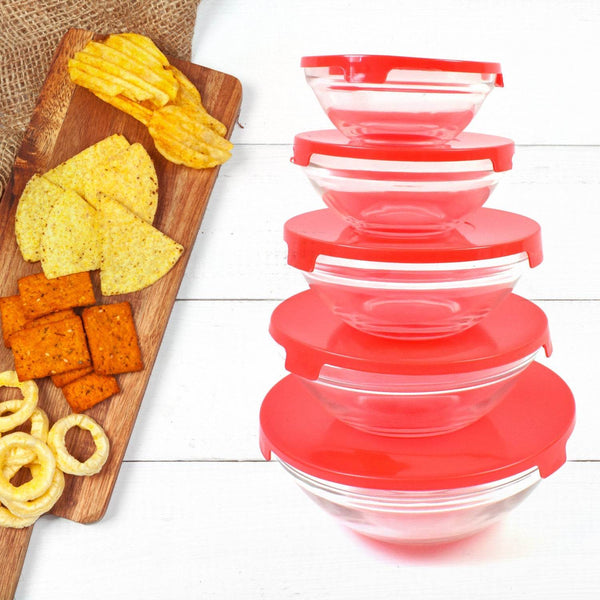 Modern Glass Bowl Set, Mixing / Storage Bowls with Red Lids (5 Pcs Set) - dailyneed.life